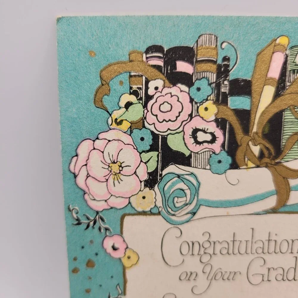 Vintage Graduation‎ Card Floral Gold Inspirational Congratulations USA Scrapbook